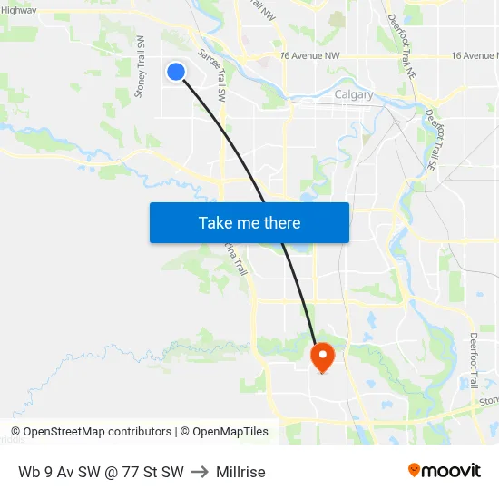 Wb 9 Av SW @ 77 St SW to Millrise map