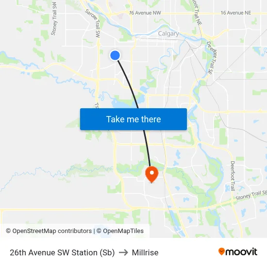 26th Avenue SW Station (Sb) to Millrise map