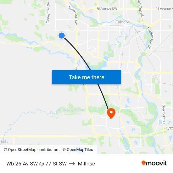 Wb 26 Av SW @ 77 St SW to Millrise map