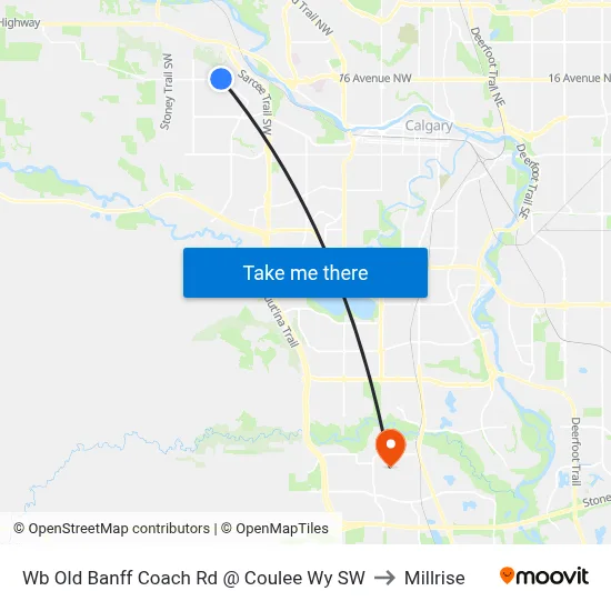 Wb Old Banff Coach Rd @ Coulee Wy SW to Millrise map