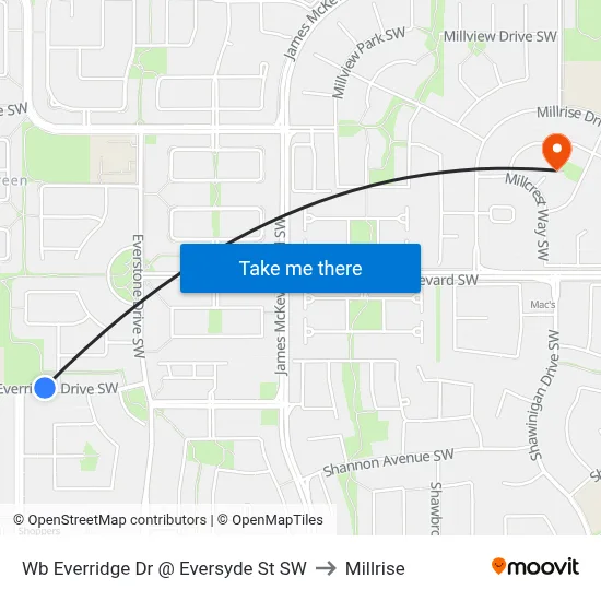 Wb  Everridge Dr @ Eversyde St SW to Millrise map