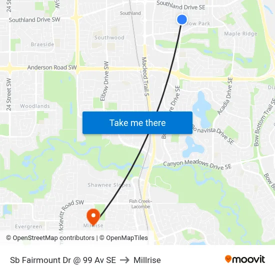 Sb Fairmount Dr @ 99 Av SE to Millrise map