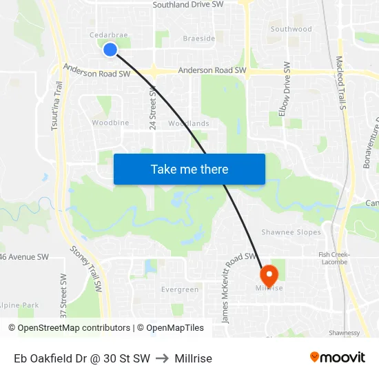 Eb Oakfield Dr @ 30 St SW to Millrise map