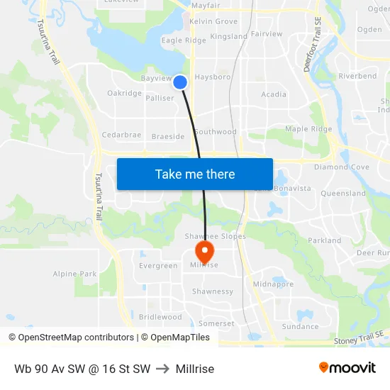 Wb 90 Av SW @ 16 St SW to Millrise map