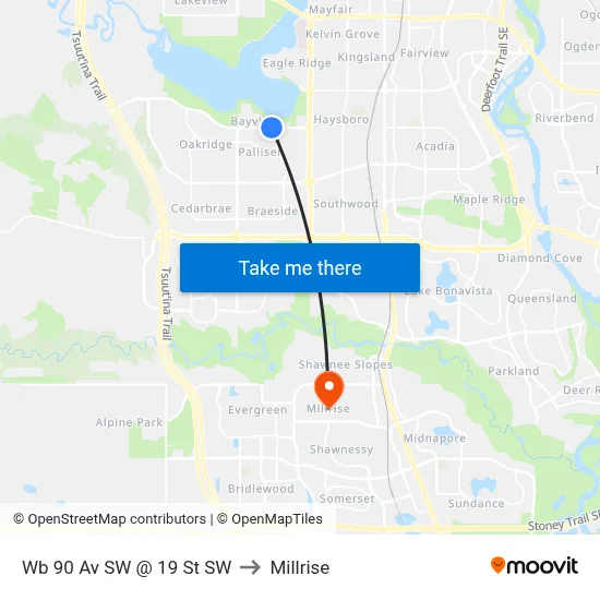 Wb 90 Av SW @ 19 St SW to Millrise map