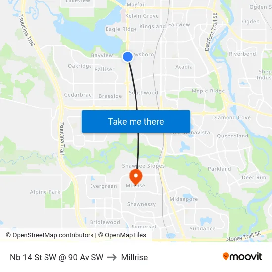 Nb 14 St SW @ 90 Av SW to Millrise map