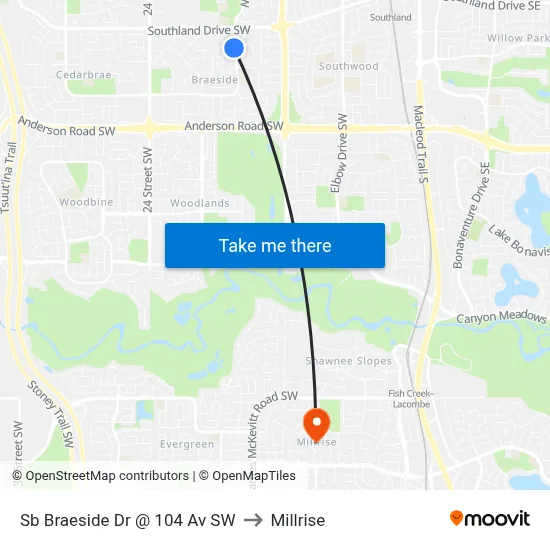Sb Braeside Dr @ 104 Av SW to Millrise map