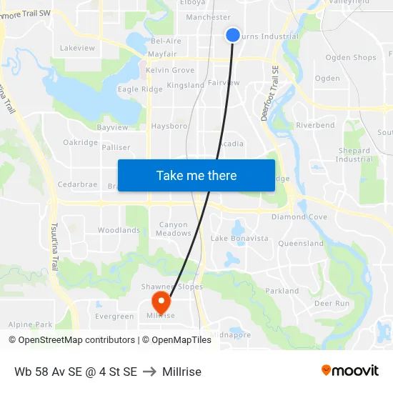 Wb 58 Av SE @ 4 St SE to Millrise map