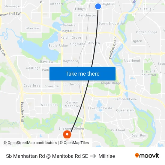 Sb Manhattan Rd @ Manitoba Rd SE to Millrise map