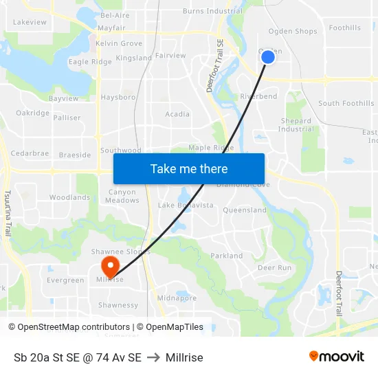 Sb 20a St SE @ 74 Av SE to Millrise map