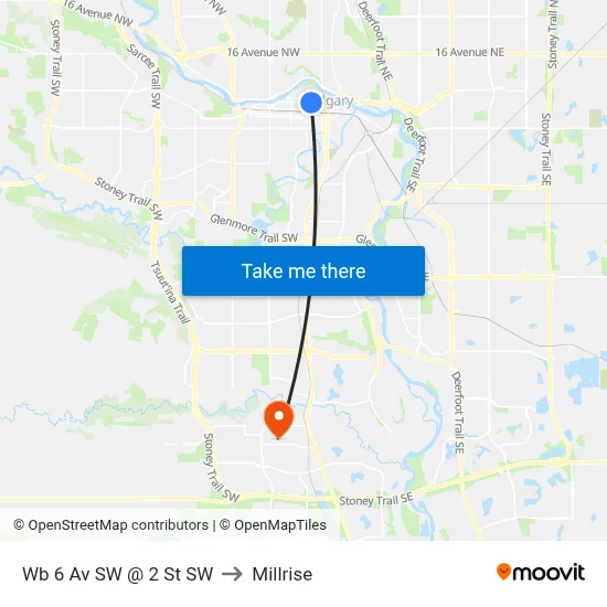Wb 6 Av SW @ 2 St SW to Millrise map