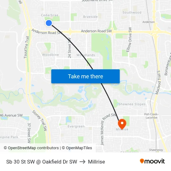 Sb 30 St SW @ Oakfield Dr SW to Millrise map