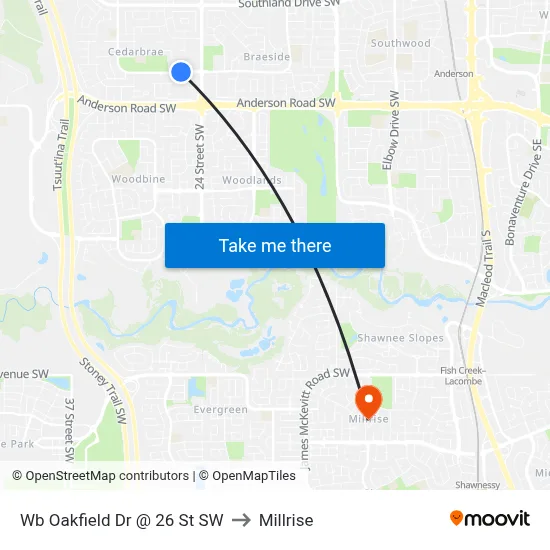 Wb Oakfield Dr @ 26 St SW to Millrise map