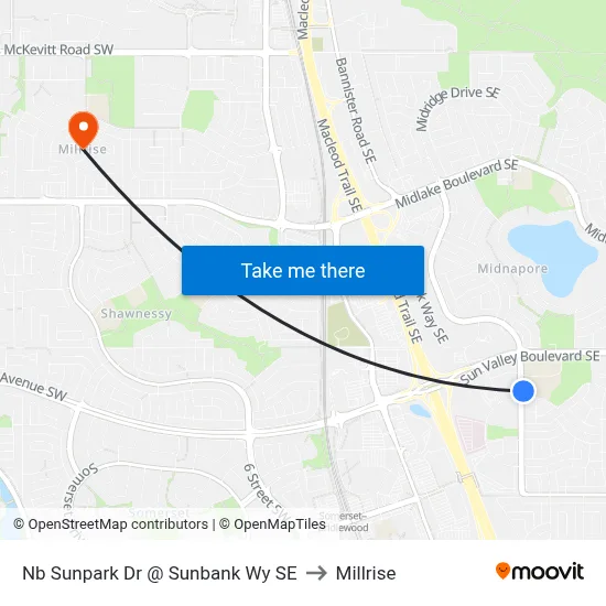 Nb Sunpark Dr @ Sunbank Wy SE to Millrise map