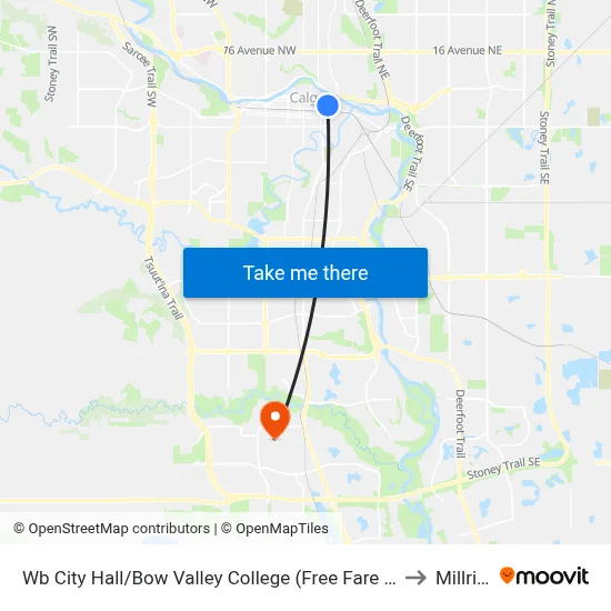 Wb City Hall/Bow Valley College (Free Fare Zone) to Millrise map