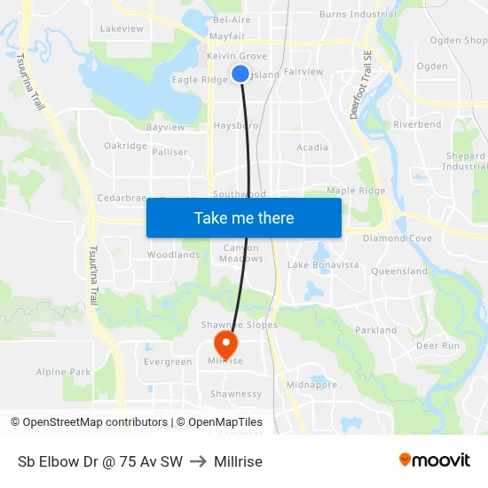 Sb Elbow Dr @ 75 Av SW to Millrise map