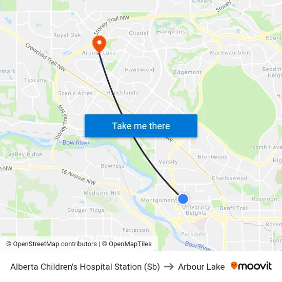 Alberta Children's Hospital Station (Sb) to Arbour Lake map