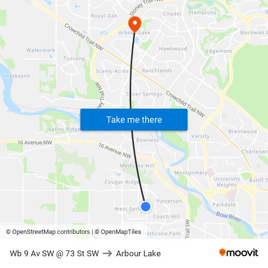 Wb 9 Av SW @ 73 St SW to Arbour Lake map