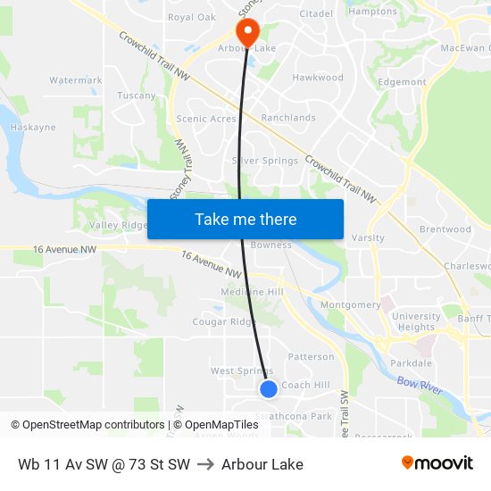 Wb 11 Av SW @ 73 St SW to Arbour Lake map