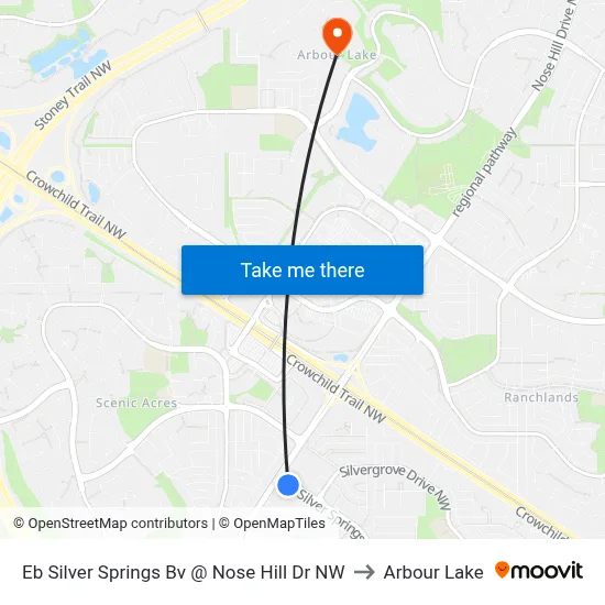 Eb Silver Springs Bv @ Nose Hill Dr NW to Arbour Lake map