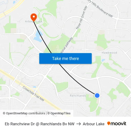 Eb Ranchview Dr @ Ranchlands Bv NW to Arbour Lake map