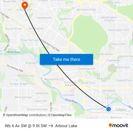 Wb 6 Av SW @ 9 St SW to Arbour Lake map