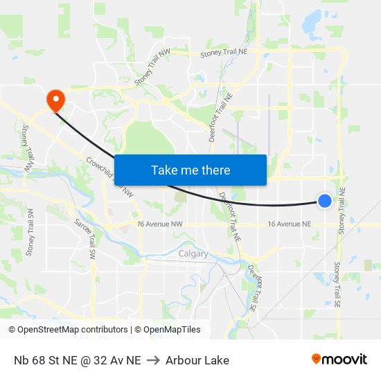Nb 68 St NE @ 32 Av NE to Arbour Lake map