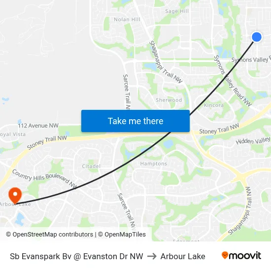 Sb Evanspark Bv @ Evanston Dr NW to Arbour Lake map