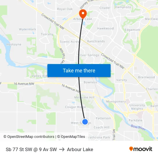 Sb 77 St SW @ 9 Av SW to Arbour Lake map