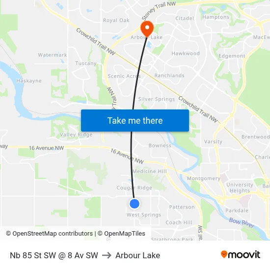 Nb 85 St SW @ 8 Av SW to Arbour Lake map
