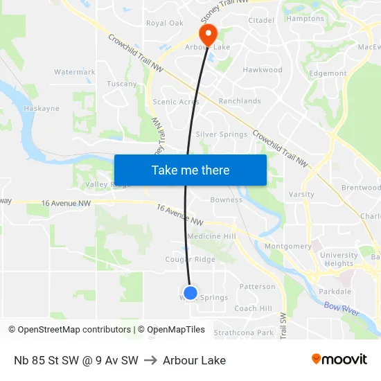 Nb 85 St SW @ 9 Av SW to Arbour Lake map