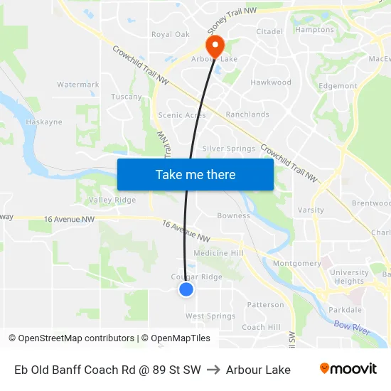 Eb Old Banff Coach Rd @ 89 St SW to Arbour Lake map