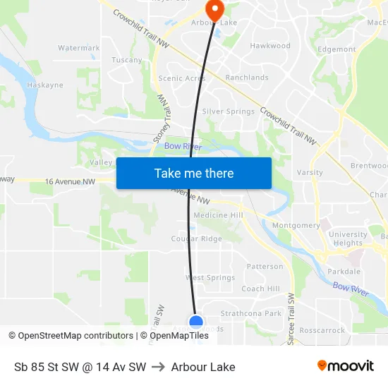 Sb 85 St SW @ 14 Av SW to Arbour Lake map