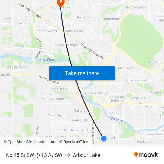 Nb 45 St SW @ 13 Av SW to Arbour Lake map