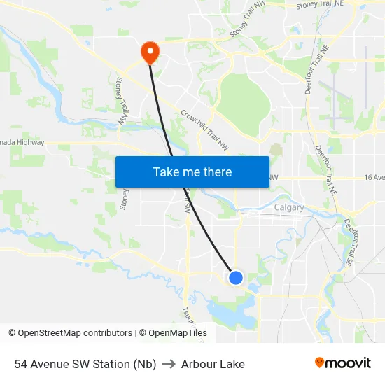 54 Avenue SW Station (Nb) to Arbour Lake map