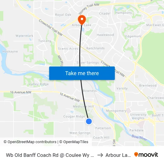 Wb Old Banff Coach Rd @ Coulee Wy SW to Arbour Lake map