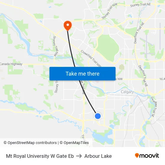 Mt Royal University W Gate Eb to Arbour Lake map