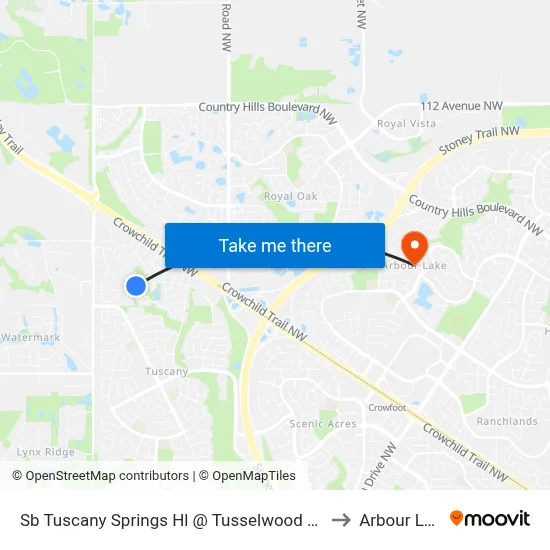 Sb Tuscany Springs Hl @ Tusselwood Dr NW to Arbour Lake map