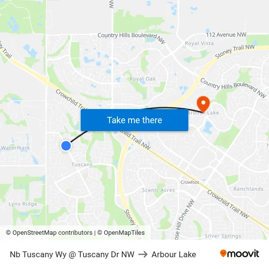 Nb Tuscany Wy @ Tuscany Dr NW to Arbour Lake map