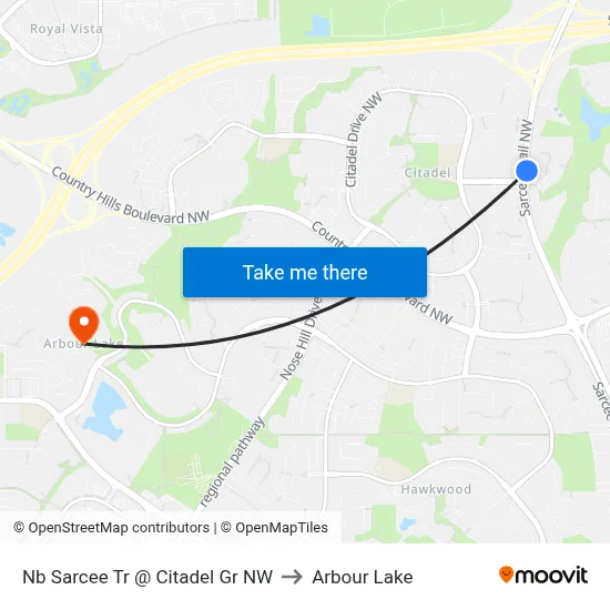 Nb Sarcee Tr @ Citadel Gr NW to Arbour Lake map