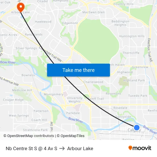 Nb Centre St S @ 4 Av S to Arbour Lake map