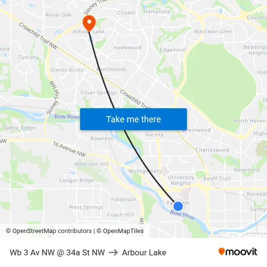 Wb 3 Av NW @ 34a St NW to Arbour Lake map