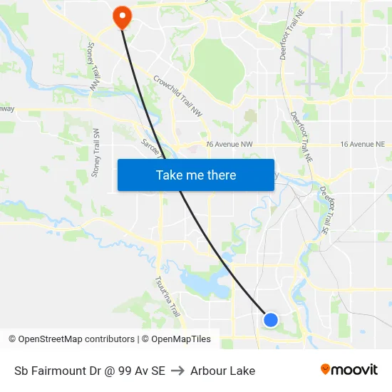 Sb Fairmount Dr @ 99 Av SE to Arbour Lake map