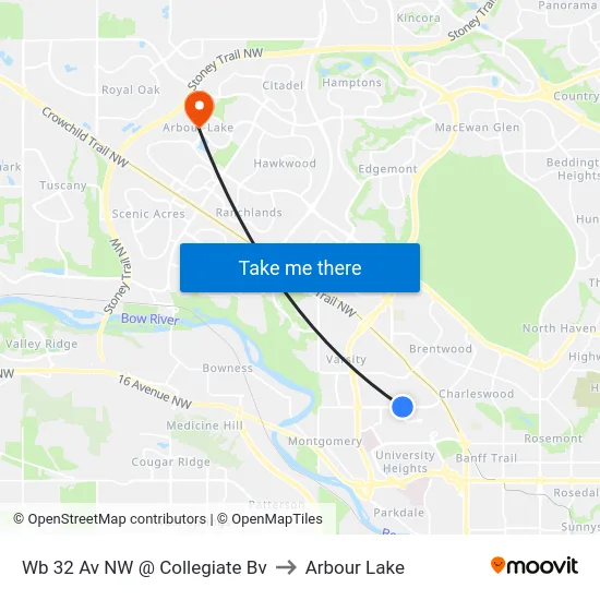 Wb 32 Av NW @ Collegiate Bv to Arbour Lake map