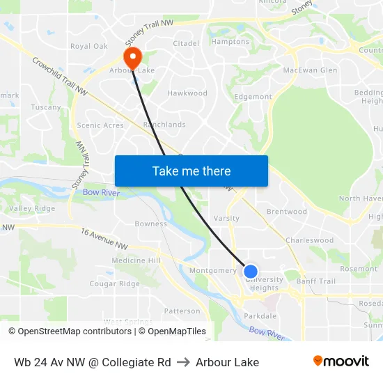 Wb 24 Av NW @ Collegiate Rd to Arbour Lake map