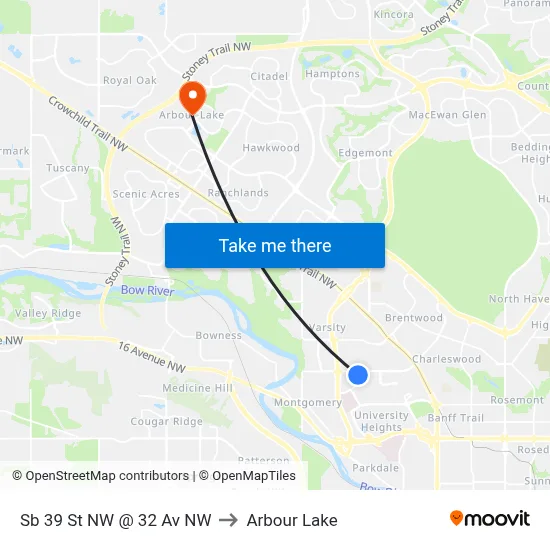 Sb 39 St NW @ 32 Av NW to Arbour Lake map