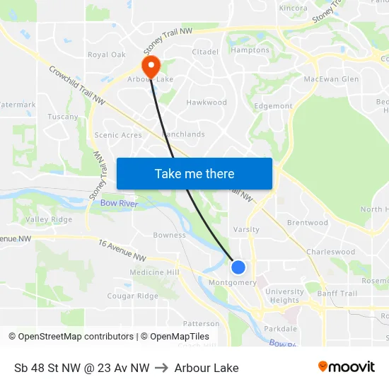 Sb 48 St NW @ 23 Av NW to Arbour Lake map