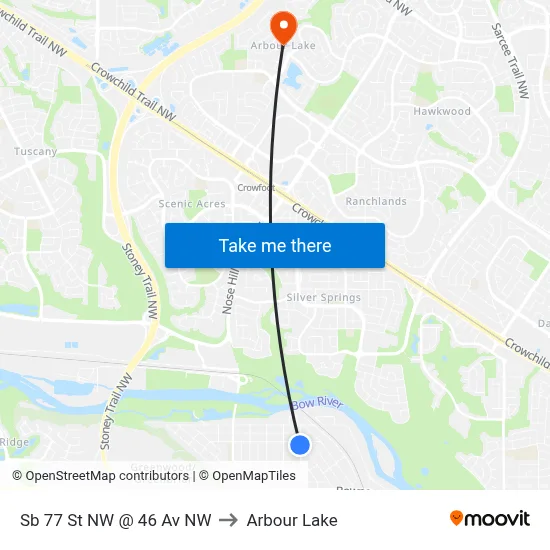 Sb 77 St NW @ 46 Av NW to Arbour Lake map