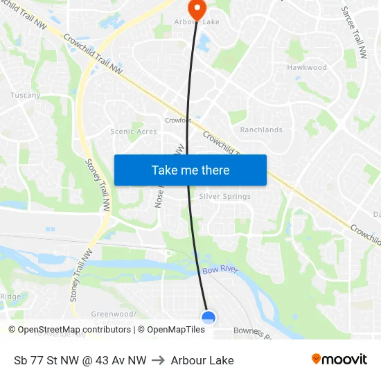 Sb 77 St NW @ 43 Av NW to Arbour Lake map