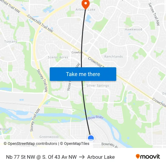 Nb 77 St NW @ S. Of 43 Av NW to Arbour Lake map